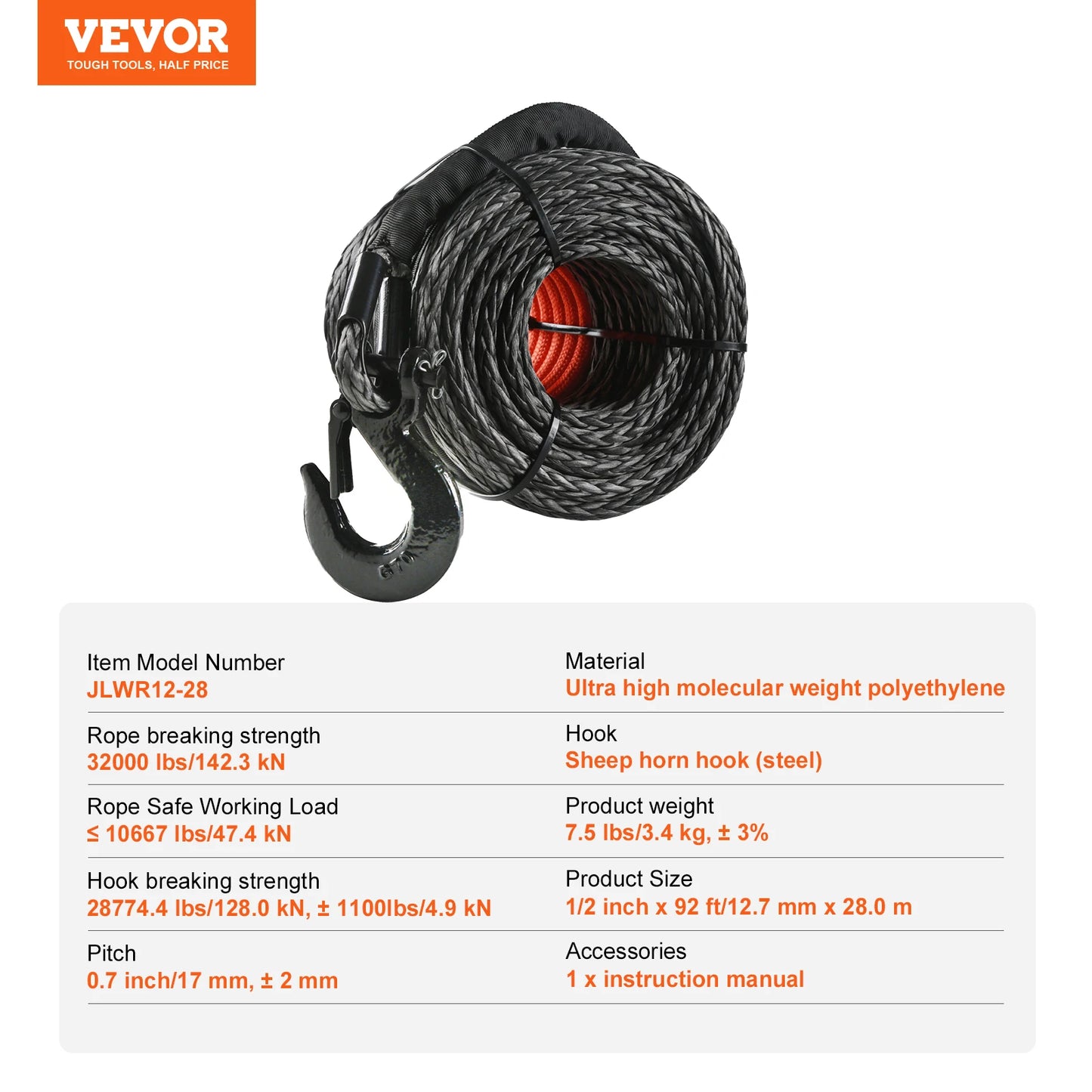 VEVOR 26,500/32,000lb Synthetic Winch Rope