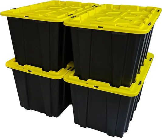 black storage bins with yellow lids